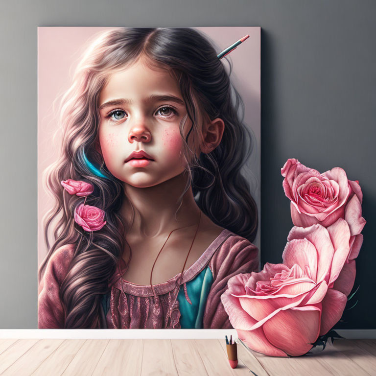 Hyperrealistic Illustration of Young Girl with Wavy Hair and Roses