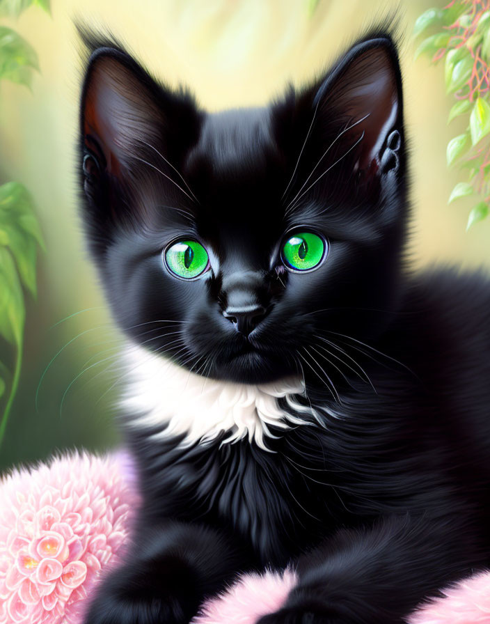 Enchanting black kitten with green eyes on pink cushion