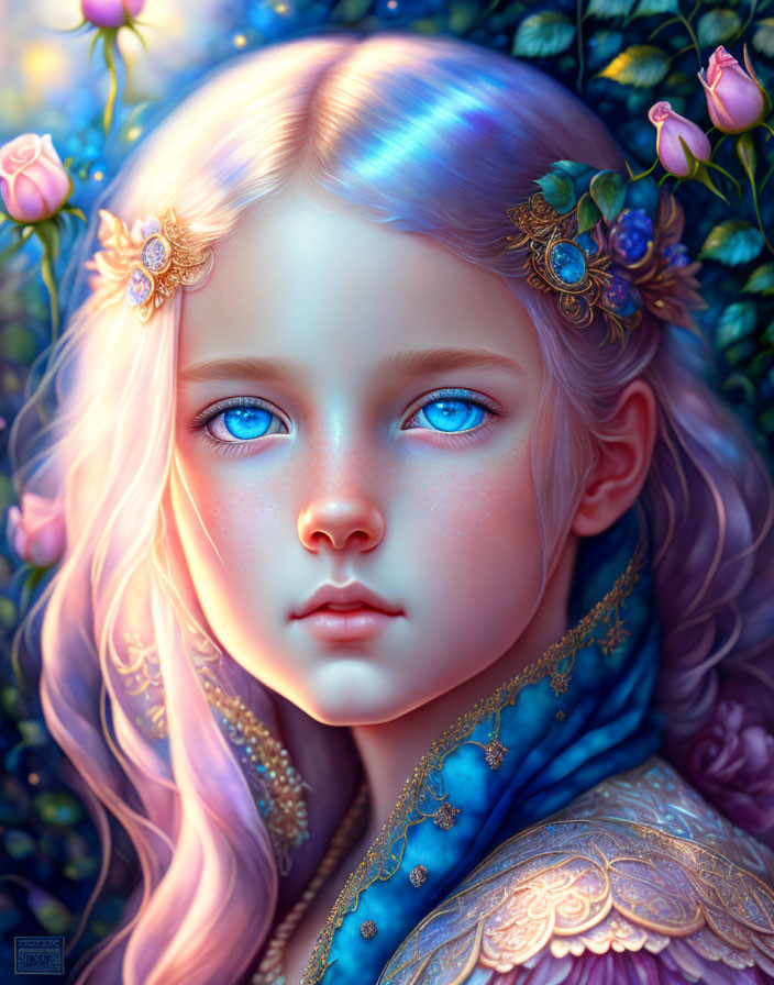 Young girl digital artwork: Blue-eyed, pink-haired, floral accessories, roses backdrop.