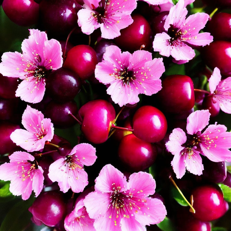 Pink Cherry Blossoms and Cherries on Dark Background