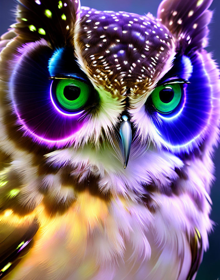 Vividly colored owl artwork with green eyes and purple feathers on dark background