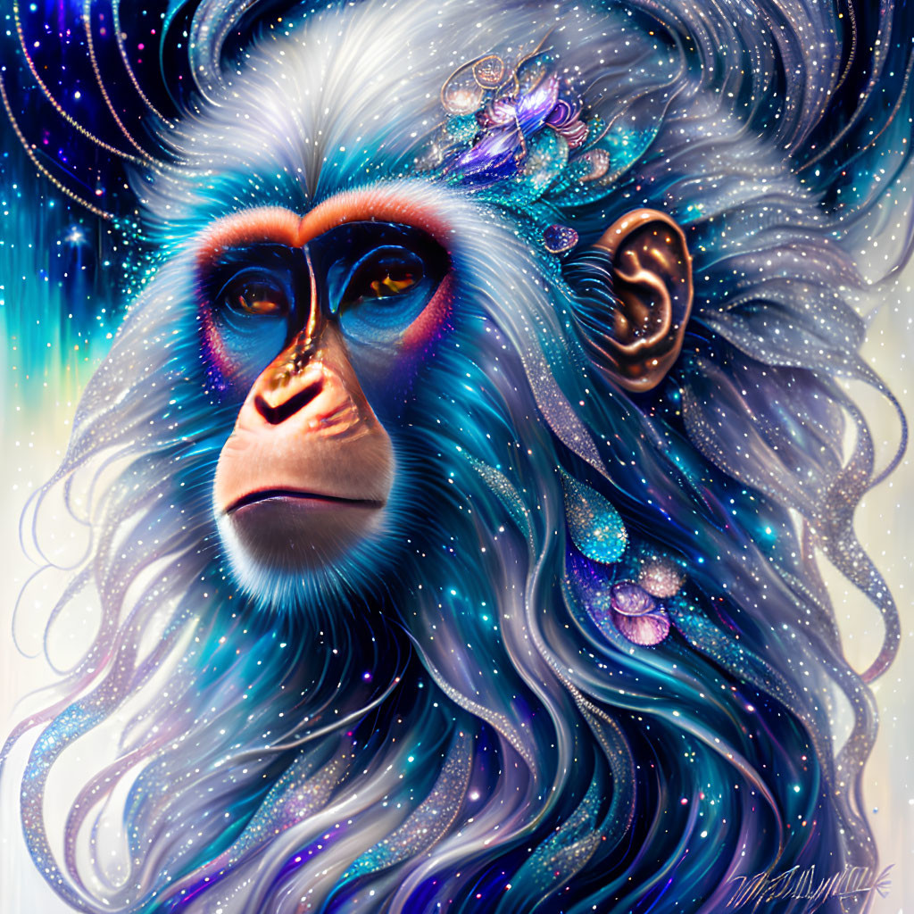 Vivid blue and purple fur monkey with cosmic patterns and thoughtful expression
