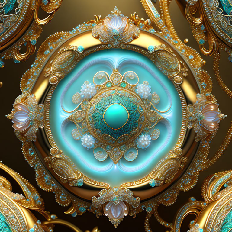 Intricate Gold and Turquoise Fractal with Baroque Flourishes
