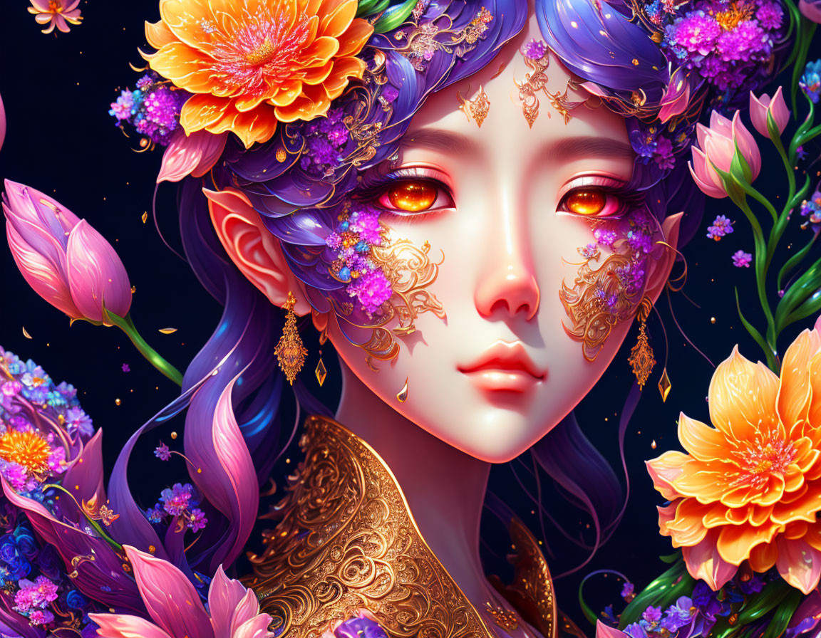 Colorful digital artwork: Woman with floral adornments and golden details against dark floral background