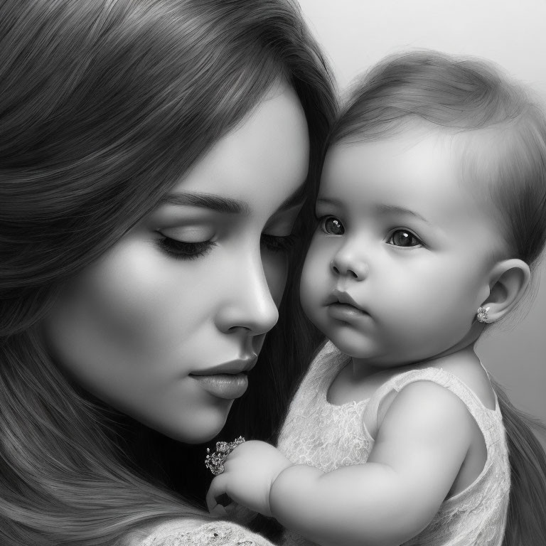 Monochrome image of woman and child gazing lovingly.