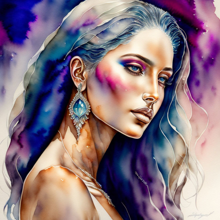 Colorful Watercolor Portrait of Woman with Flowing Hair and Earring on Abstract Background