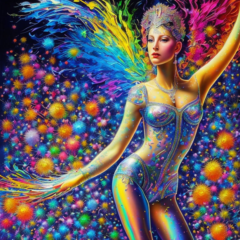 Colorful Artwork: Woman in Gem-Studded Costume with Wings