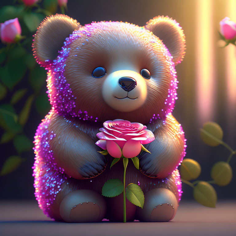 Sparkling Teddy Bear with Blue Eyes Holding Pink Rose on Dark Foliage Background