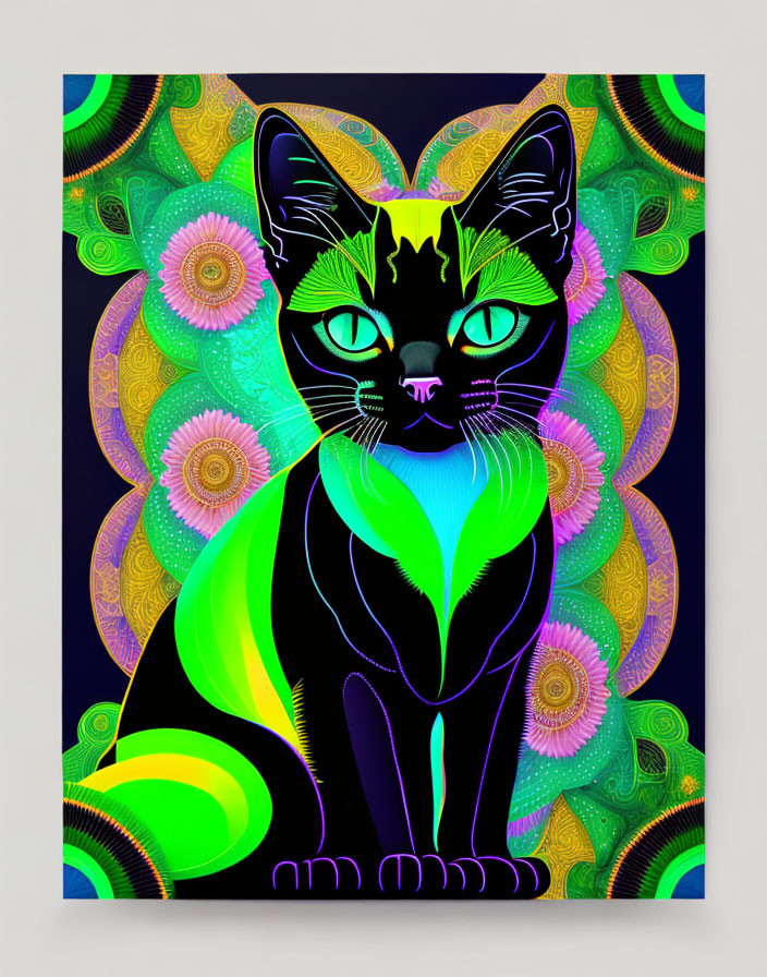 Colorful Digital Art: Stylized Black Cat in Vibrant Hues against Psychedelic Mandal