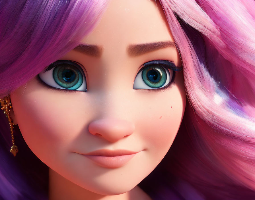 Detailed Close-Up of Vibrant Purple-Haired 3D Animated Character