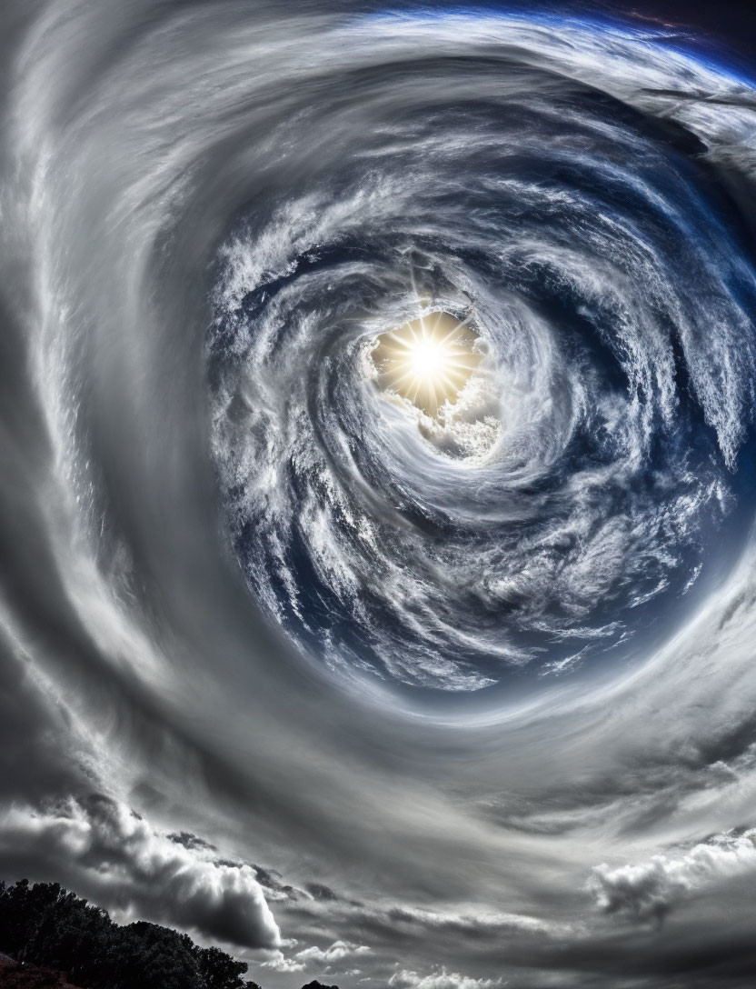 Swirling Vortex of Clouds in Sunlit Sky