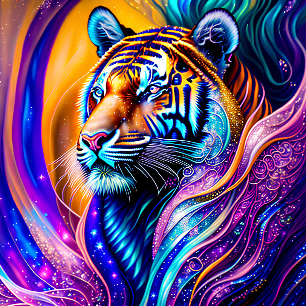 Vibrant Tiger Head Artwork with Neon Hues and Swirling Patterns