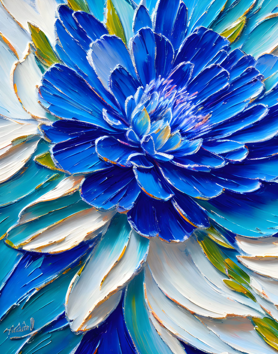 Vibrant painting of textured blue flower with white, green, and yellow hues