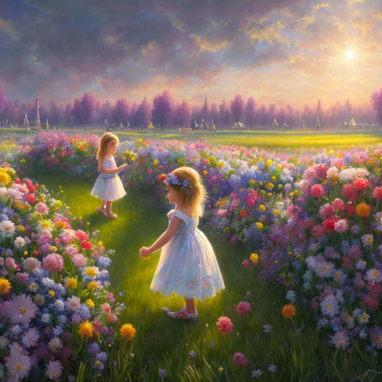 Young girls in dresses stroll through flower-filled meadow at sunset