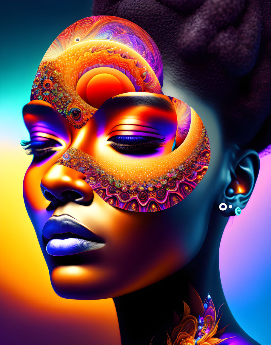 Colorful digital artwork: Woman with fractal patterns on face