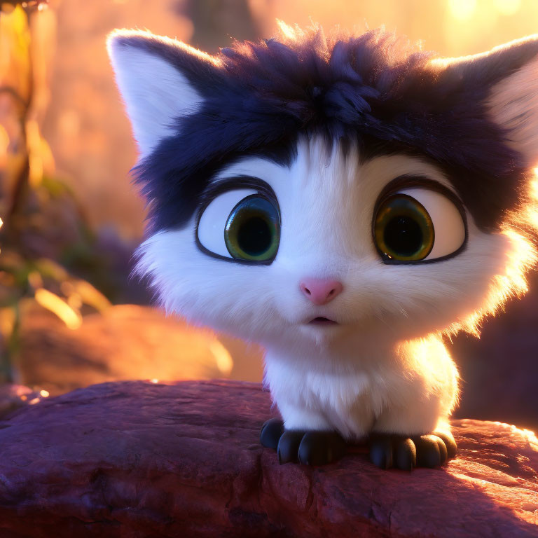 Animated black and white kitten with green eyes on rock