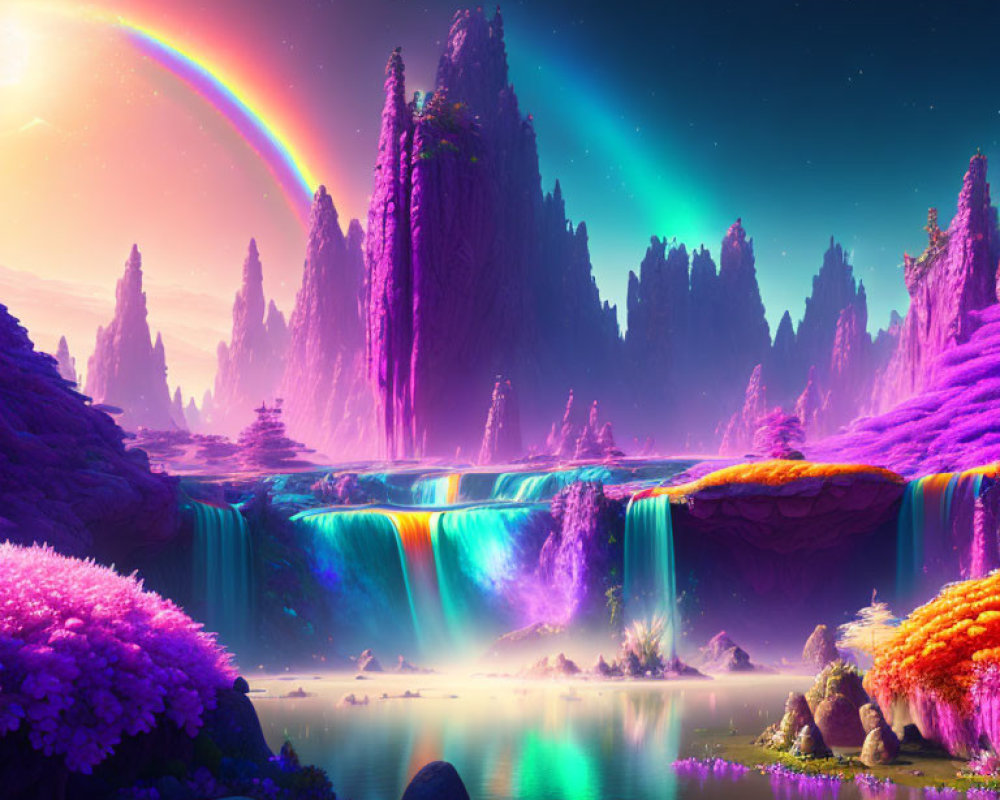 Fantasy landscape with rainbow, neon-lit waterfalls, purple foliage, and rock formations