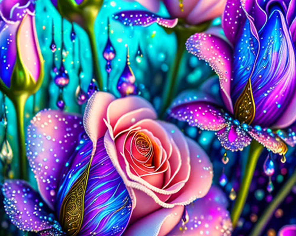 Colorful digital artwork featuring pink rose surrounded by fantasy purple and blue petals on teal backdrop