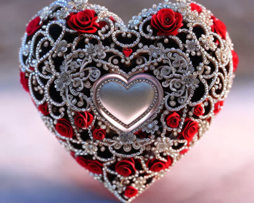 Heart-shaped object with red roses, filigree, and jewels for a romantic design