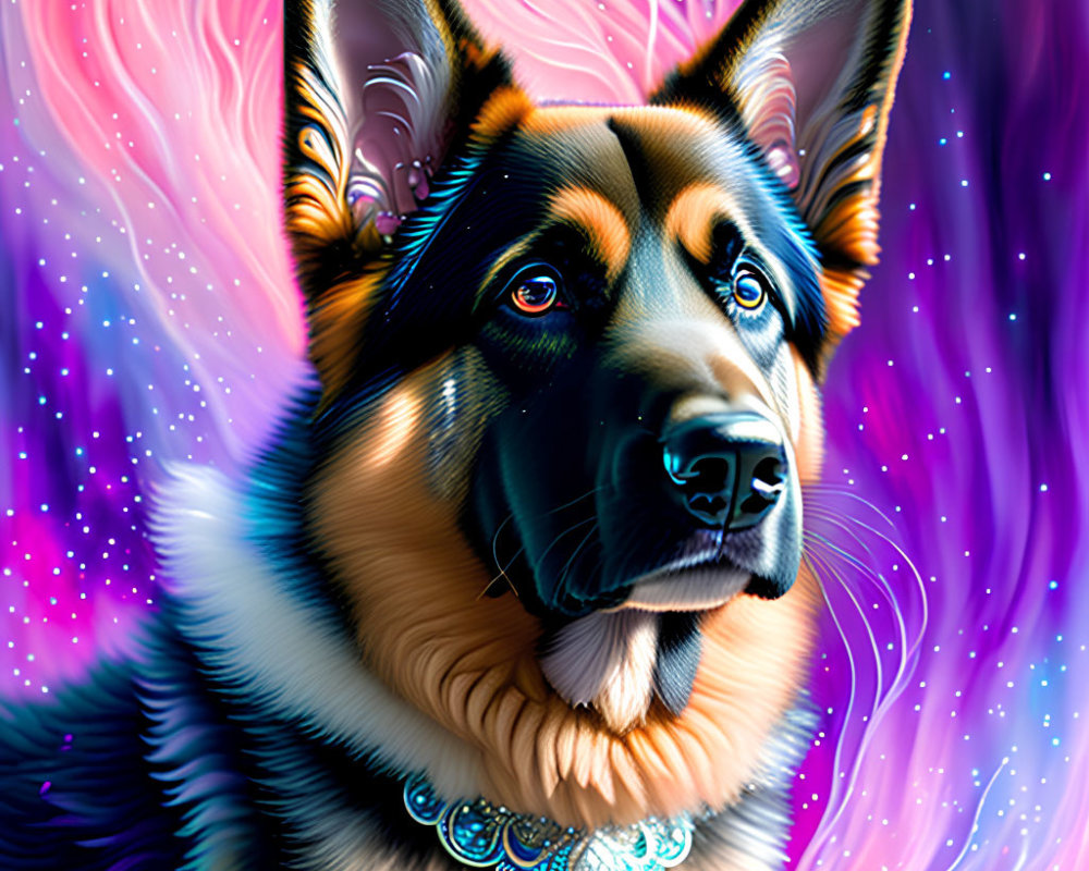 Vibrant German Shepherd illustration with psychedelic background