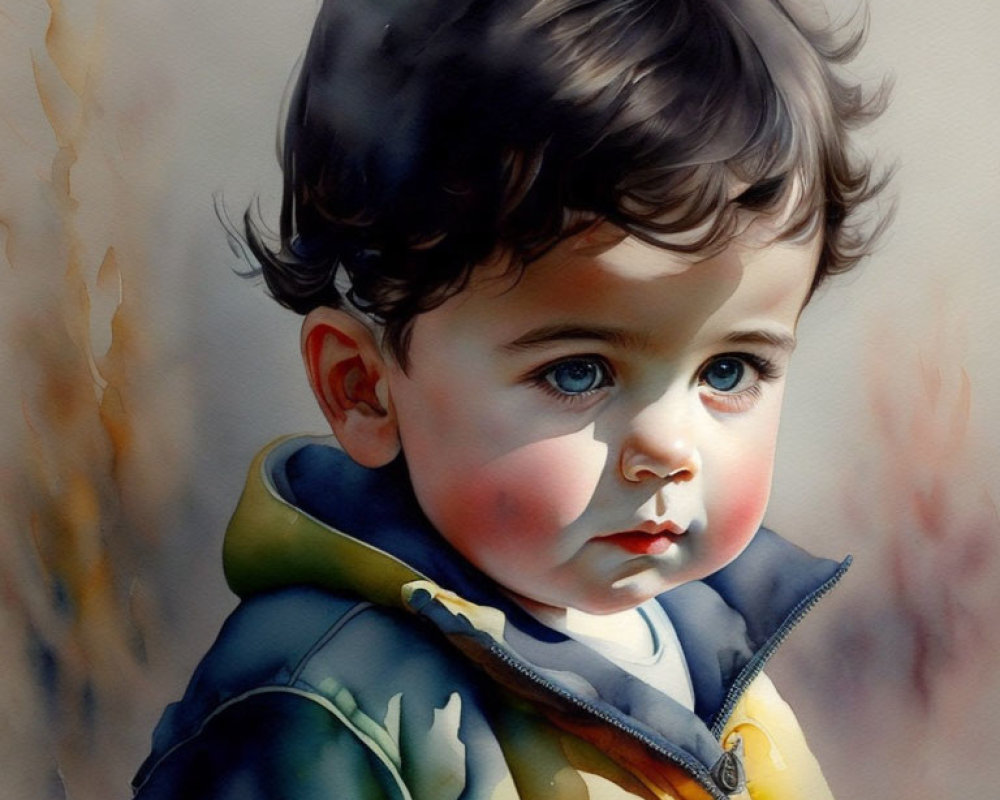 Portrait of toddler with expressive eyes and rosy cheeks in blue and yellow jacket