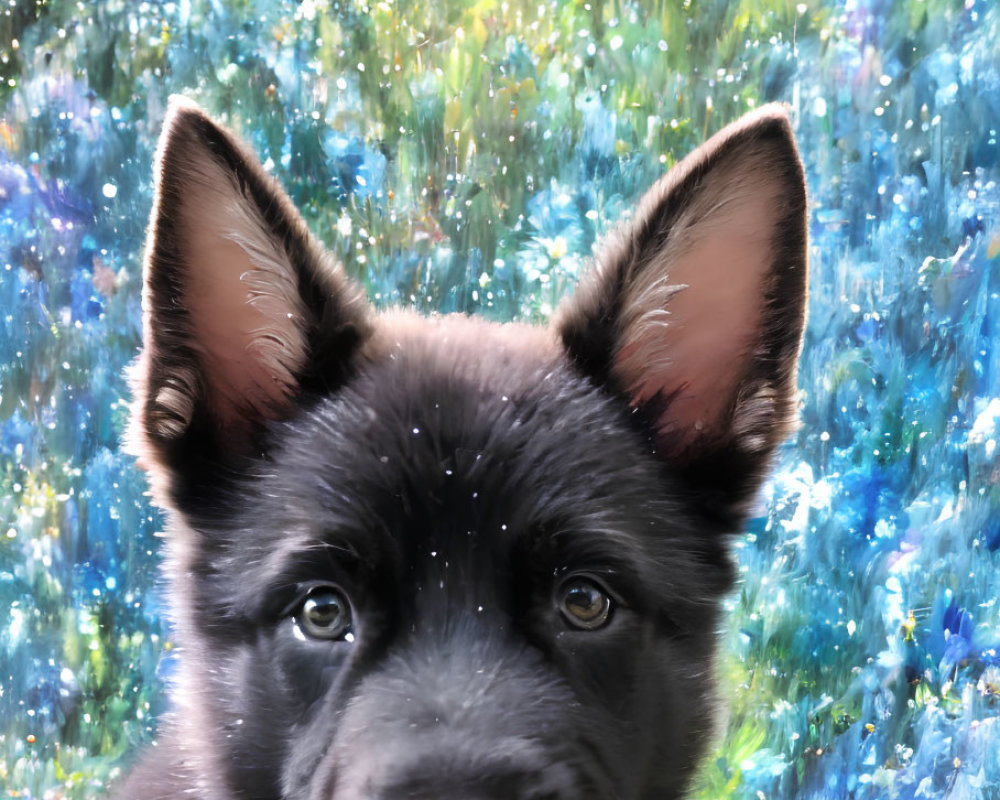 Black Puppy with Pointy Ears and Bright Eyes Sitting in Colorful Garden