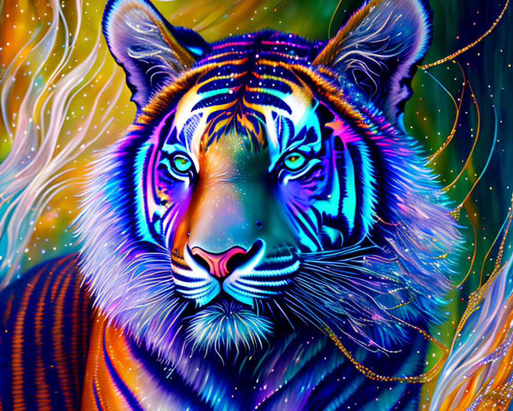 Colorful Tiger Artwork with Neon Hues and Cosmic Backgrounds