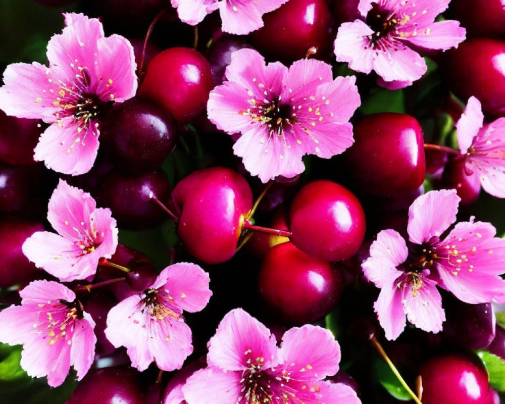 Pink Cherry Blossoms and Cherries on Dark Background