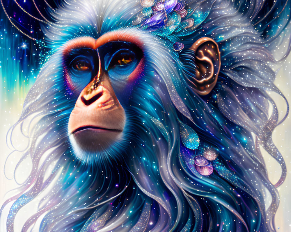 Vivid blue and purple fur monkey with cosmic patterns and thoughtful expression