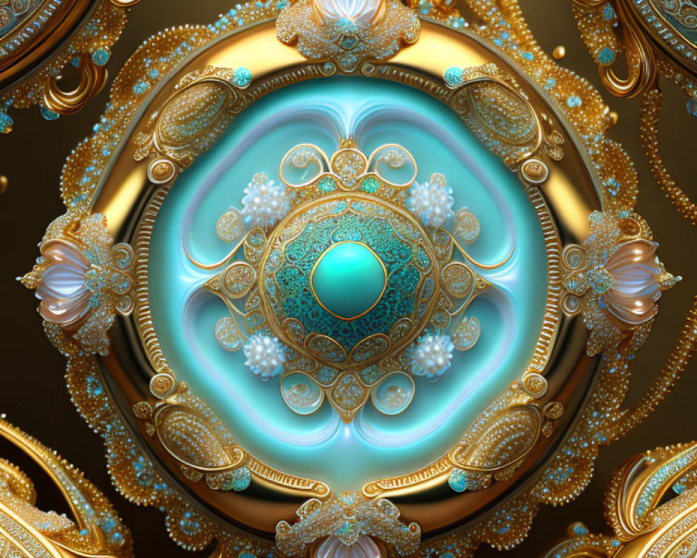 Intricate Gold and Turquoise Fractal with Baroque Flourishes