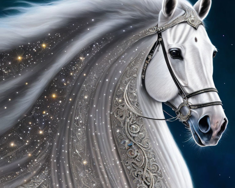 White horse with starry mane and ornate bridle under night sky