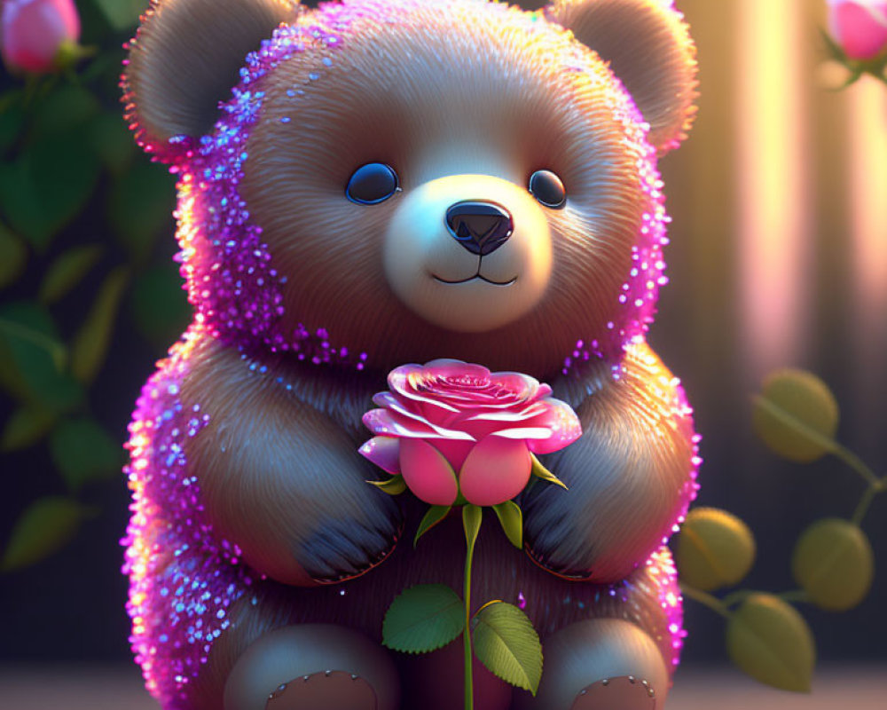 Sparkling Teddy Bear with Blue Eyes Holding Pink Rose on Dark Foliage Background