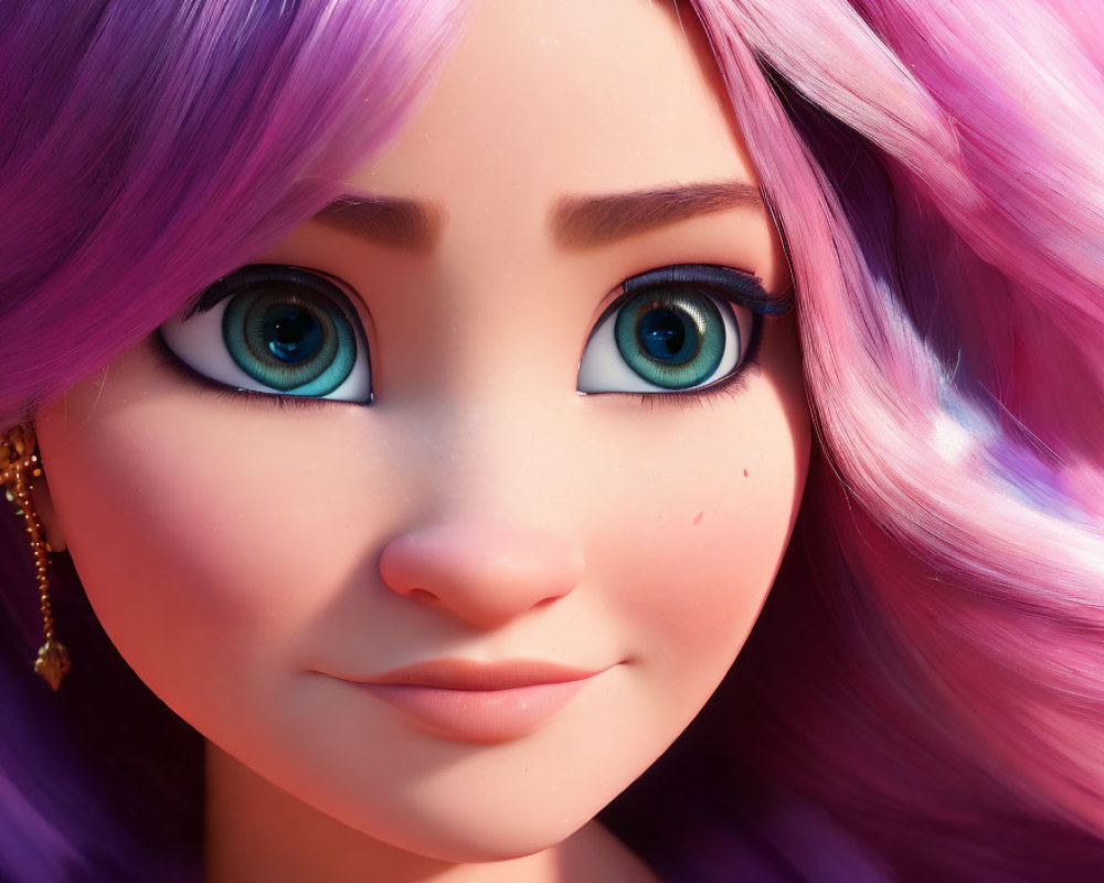 Detailed Close-Up of Vibrant Purple-Haired 3D Animated Character