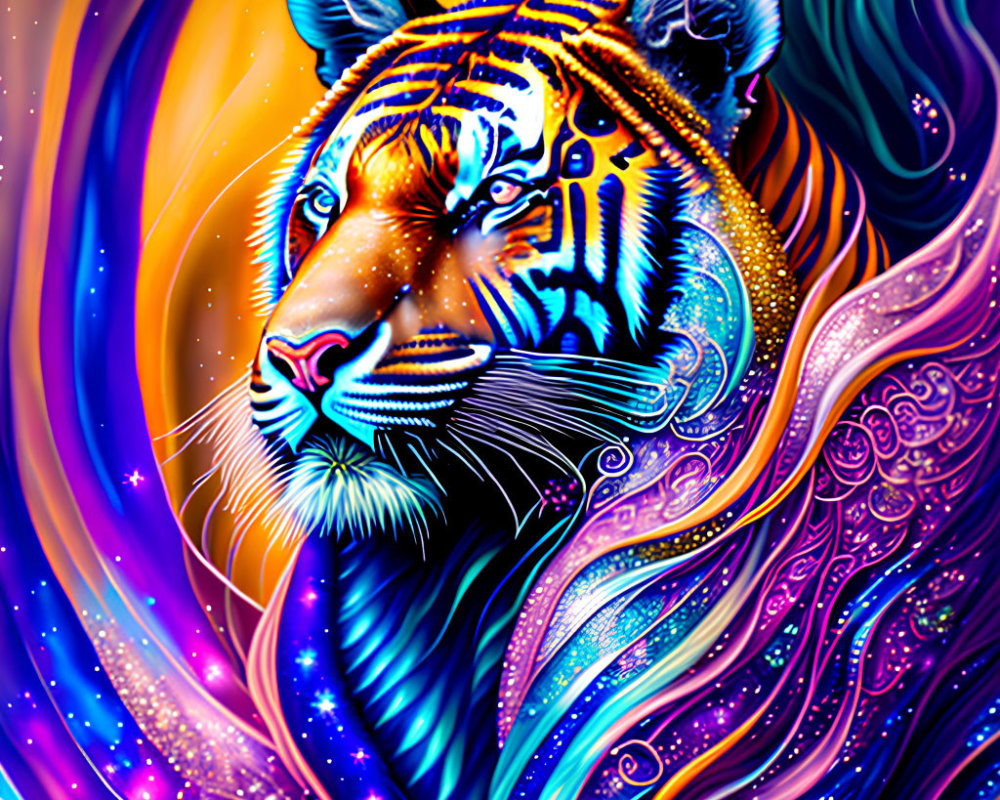Vibrant Tiger Head Artwork with Neon Hues and Swirling Patterns