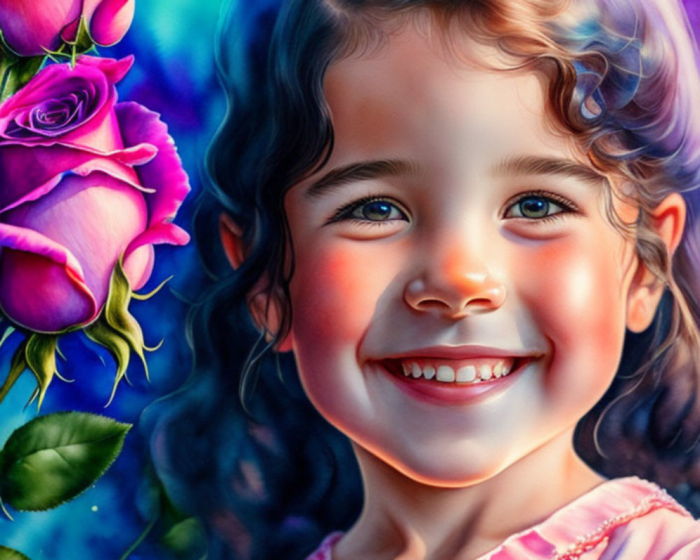 Smiling girl with curly hair in pink dress and roses bouquet on blue and purple background