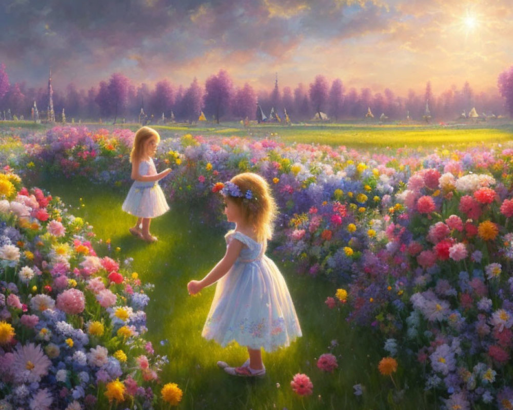 Young girls in dresses stroll through flower-filled meadow at sunset