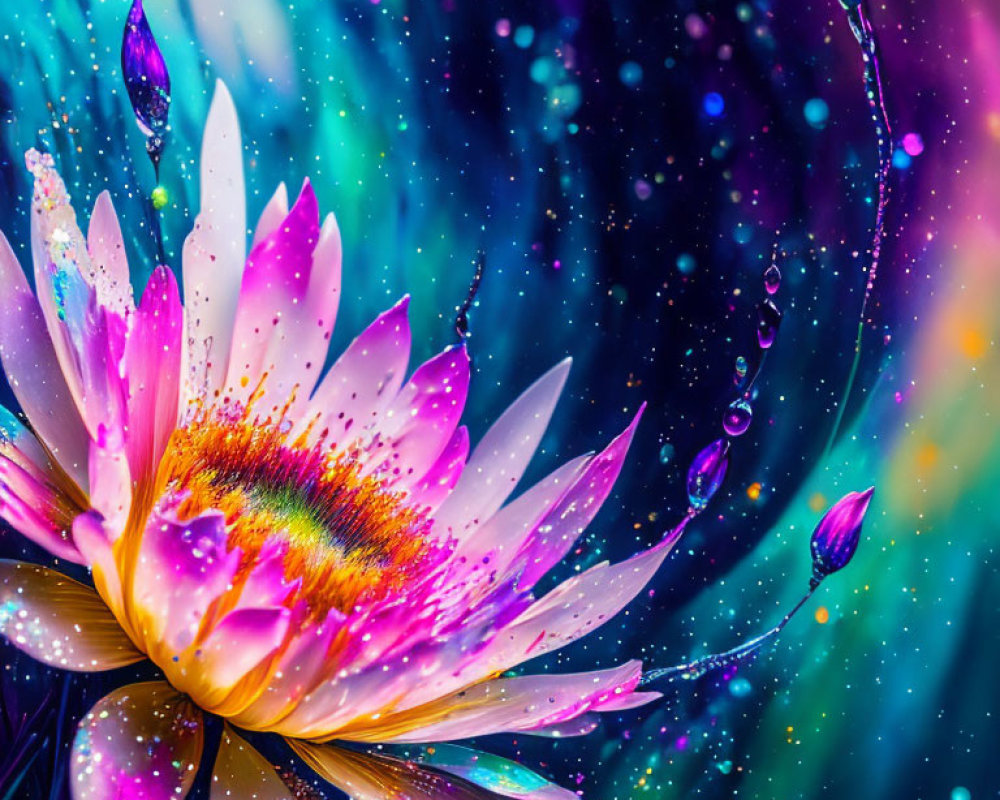 Colorful Flower with Water Droplets on Cosmic Background