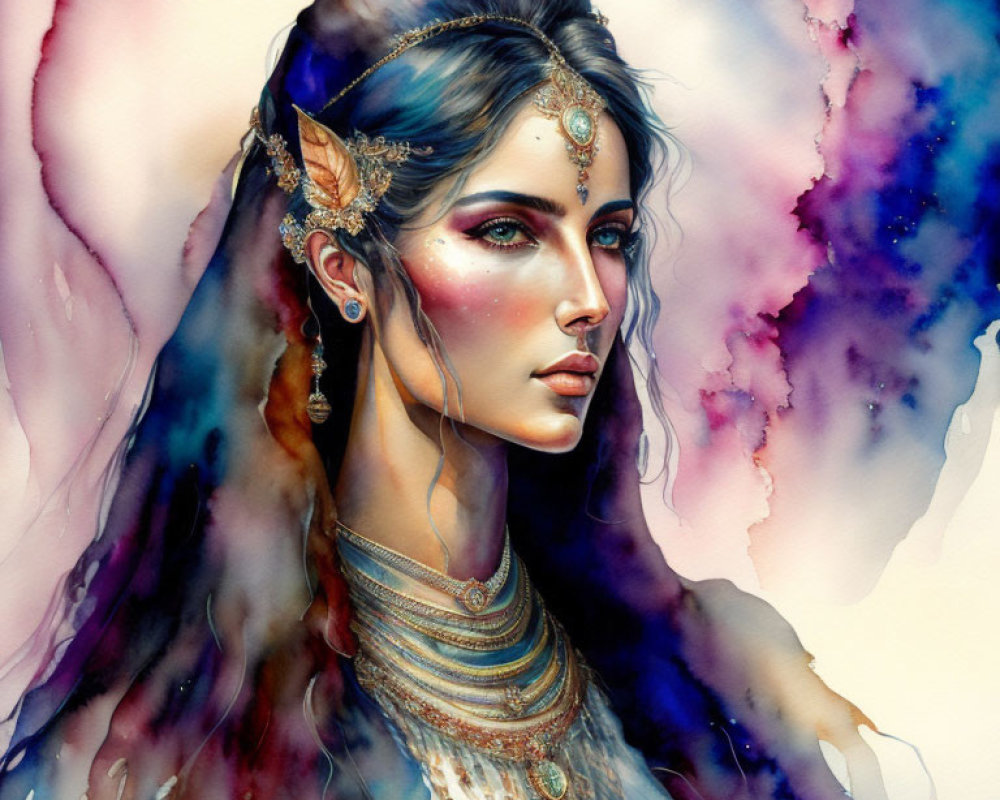 Fantasy woman portrait with intricate jewelry and colorful background