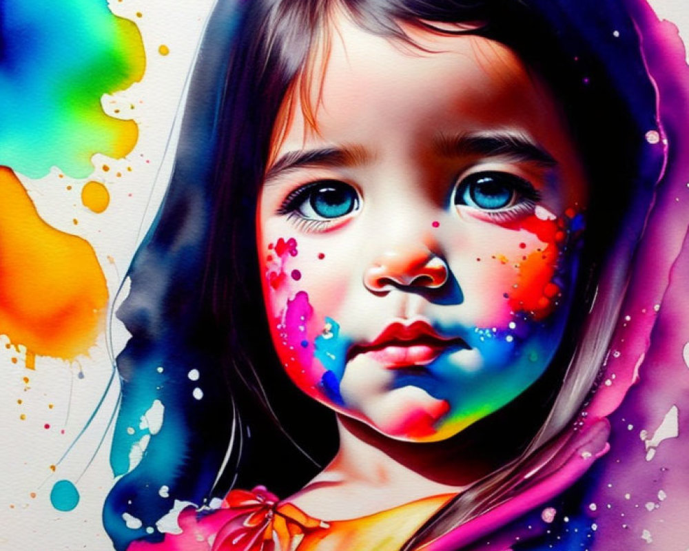 Vibrant portrait of young girl with paint splashes in mix of realism and abstract art