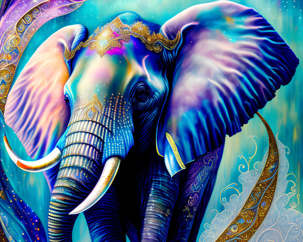 Majestic blue elephant digital artwork with cosmic backdrop