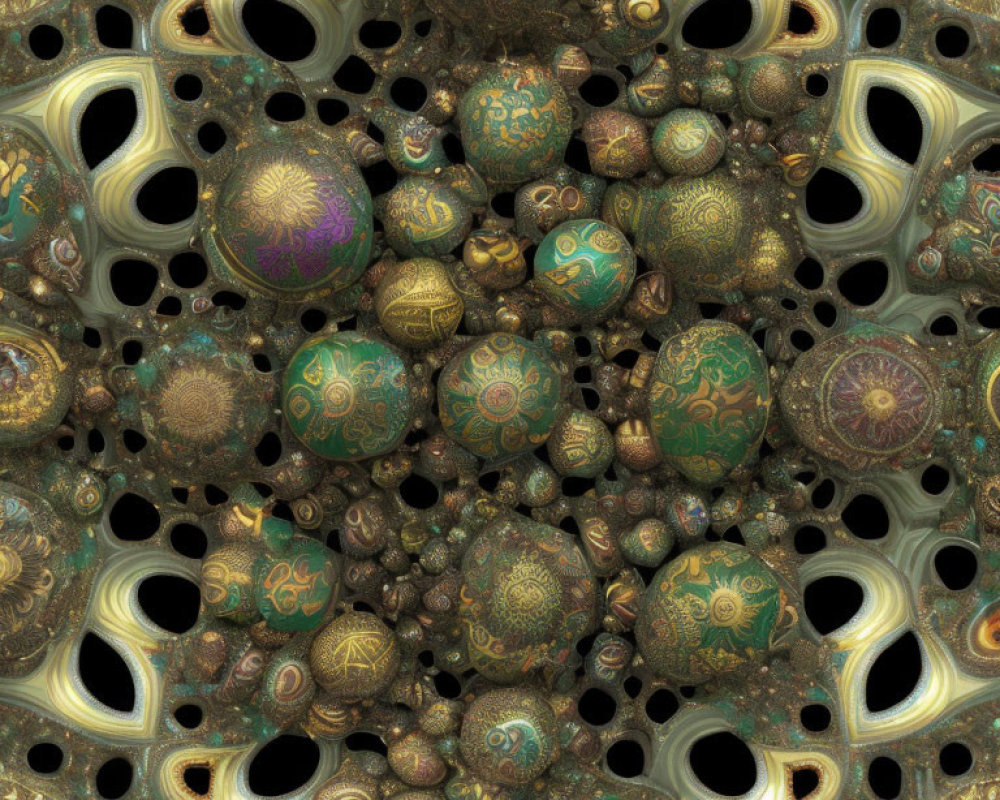 Intricate fractal art: ornate spheres on honeycomb background