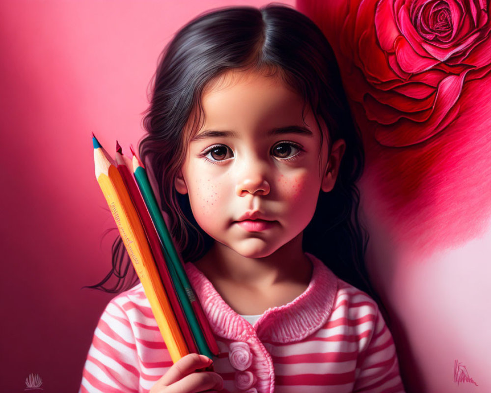 Dark-haired girl with colored pencils on pink background and rose, wearing striped outfit