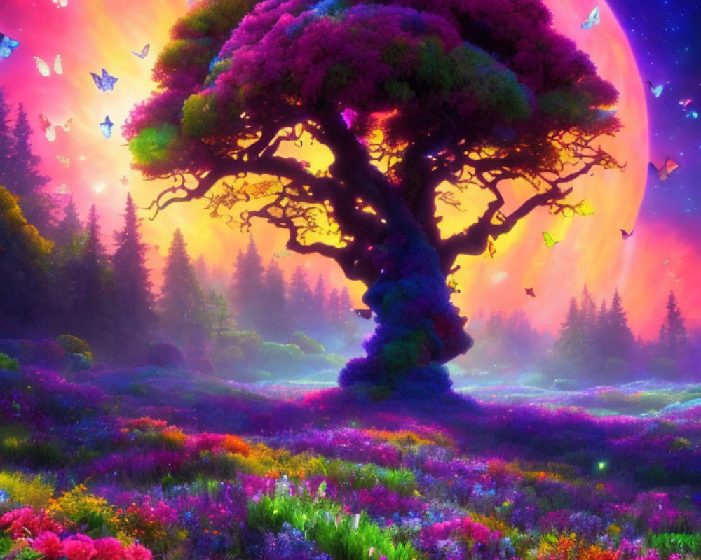 Majestic tree and colorful flora in vibrant fantasy landscape