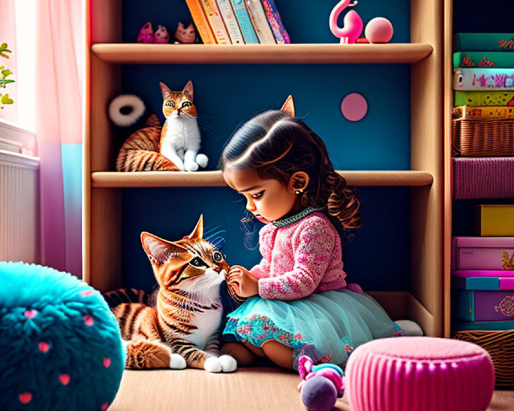 Young girl in pink sweater petting tabby cat in colorful room