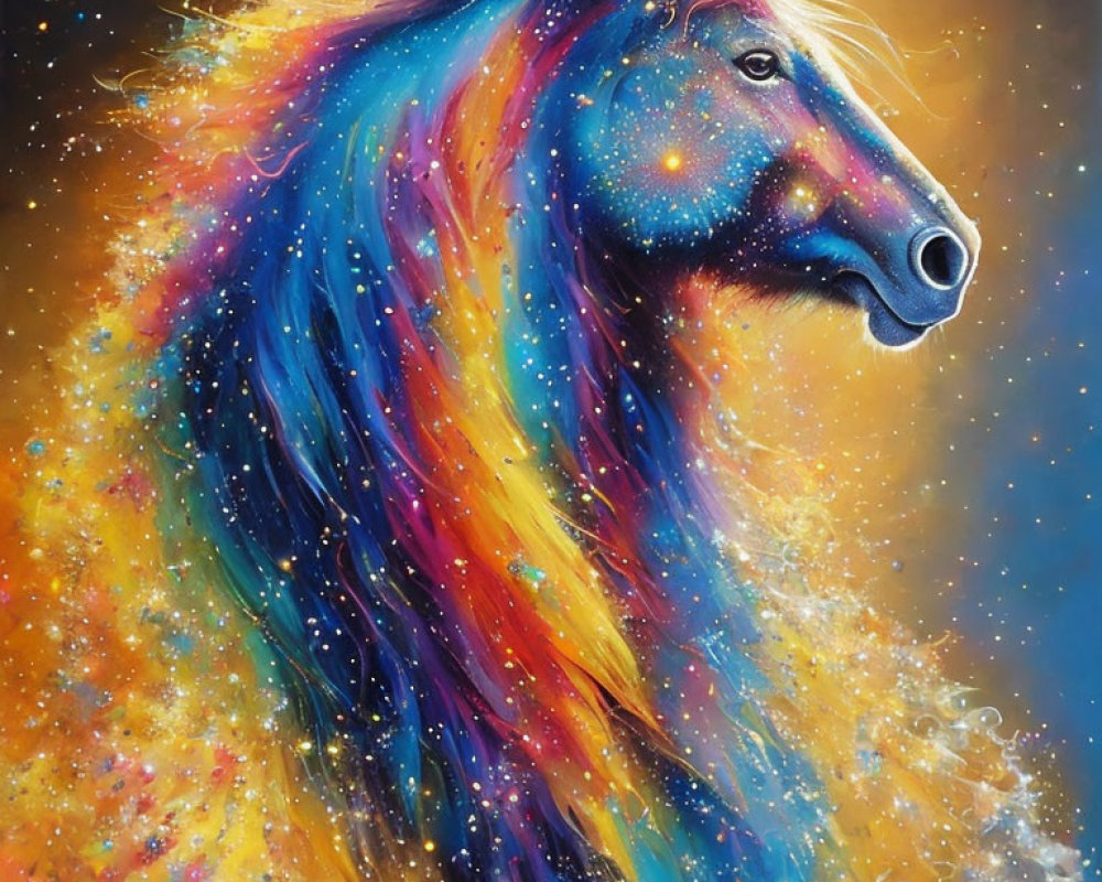 Colorful Cosmic Horse Painting on Starry Nebula Background