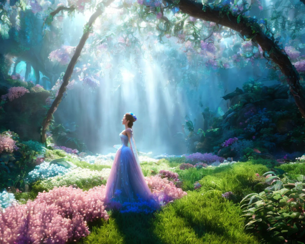 Woman in flowing gown in magical forest glade with vibrant flowers.