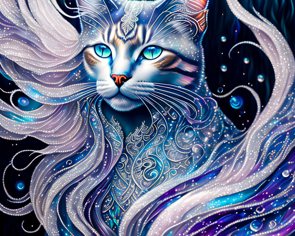 Vibrant mystical cat art with blue eyes and intricate patterns.