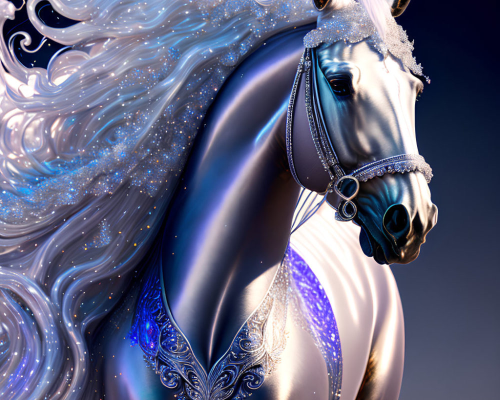 Majestic silver mythical horse with starry mane on dark background