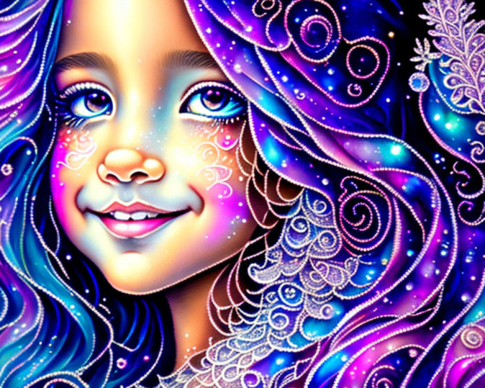 Digital Artwork: Girl with Blue Hair and White Patterns