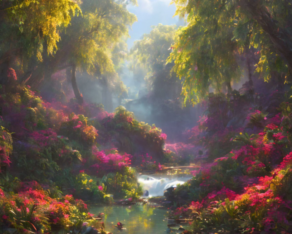 Tranquil sunlit forest scene with vibrant green and pink foliage, stream, and waterfall